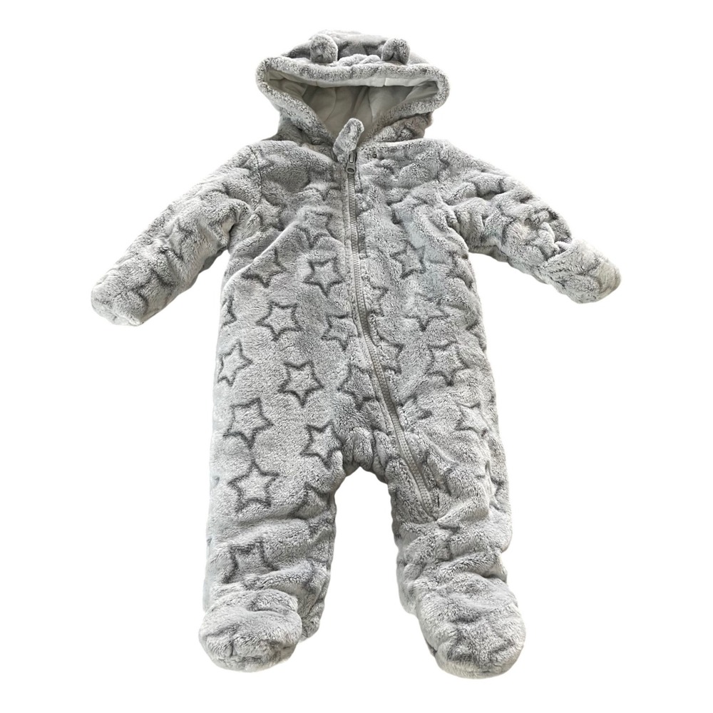 Wonder Nation Pram Suit Baby 6-9M Grey Cozycore Star Faux Fur Hood Bunting Suit